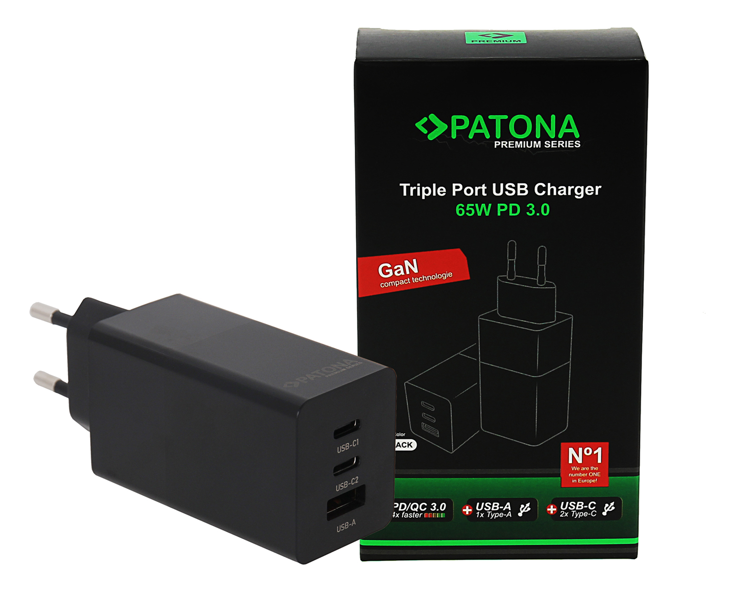 PATONA Premium GaN PD65W Adapter schwarz 2xUSB-C 1xUSB-A PD3.0 QC3.0